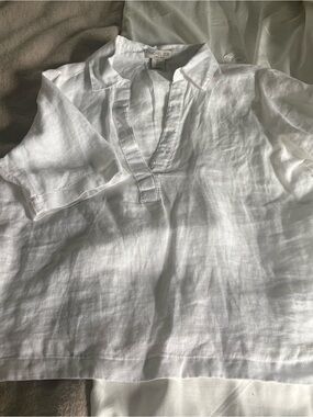 Rachel Zoe White Linen Split-Neck Polo Blouse
